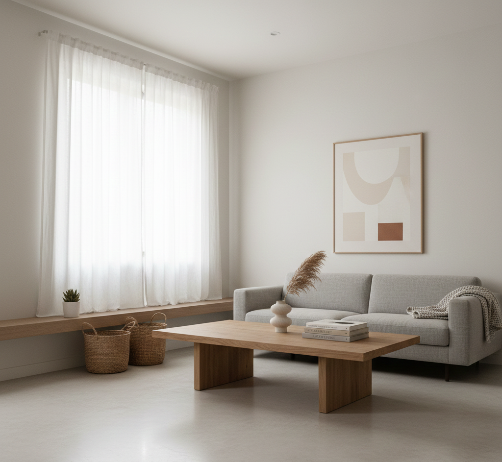 Beautifully organized minimalist living space with intentional design